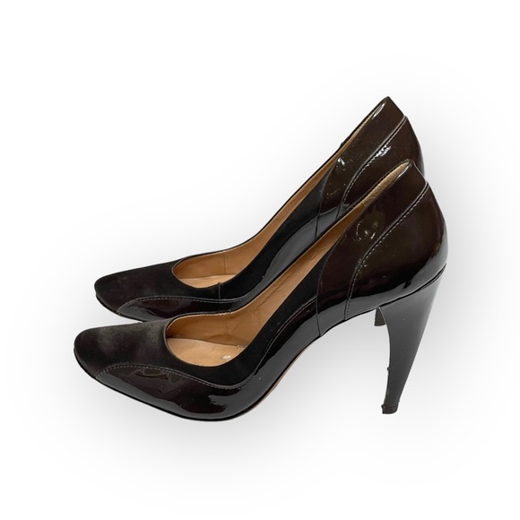 BCBG MaxAzria Shiny Patent Leather + Satin Pumps Carved Heel Cocoa 8.5M - Picture 8 of 17